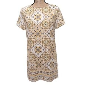 Lulu's Dandy Lion Mini Shift‎ Dress Yellow Beige Tile Print Euro Summer Size XS